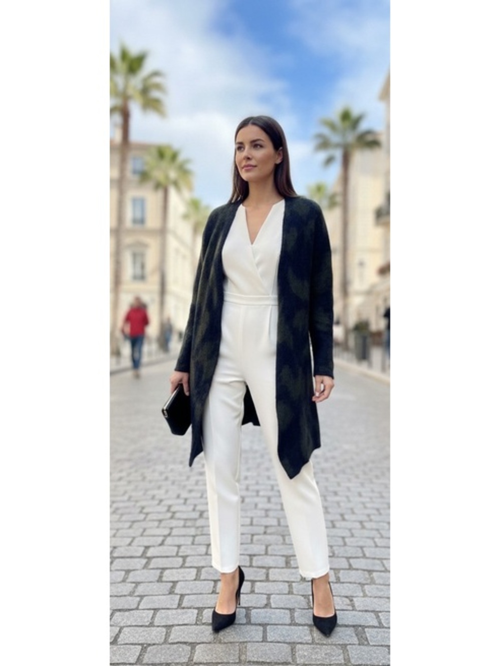 COS Women's Long Open Cardigan Sweater in Dark Green and Navy